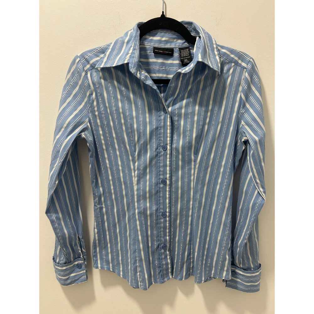 New York & Company Stretch Blue White Striped Metallic Button Down Shirt XS